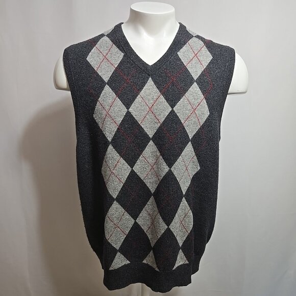 Club Room 100% Cashmere Sweater Vest Mens Large Gray Argyle Diamond Estate - Picture 1 of 7